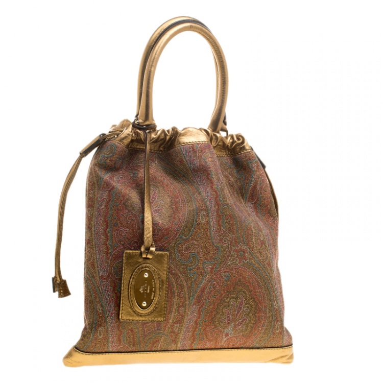 Pre Owned Etro Gold Paisley Printed Fabric and Leather Drawstring Shopper Tote