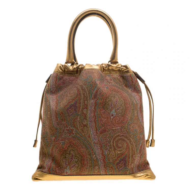 Pre Owned Etro Gold Paisley Printed Fabric and Leather Drawstring Shopper Tote