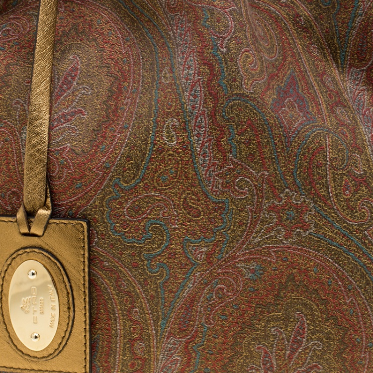 Pre Owned Etro Gold Paisley Printed Fabric and Leather Drawstring Shopper Tote