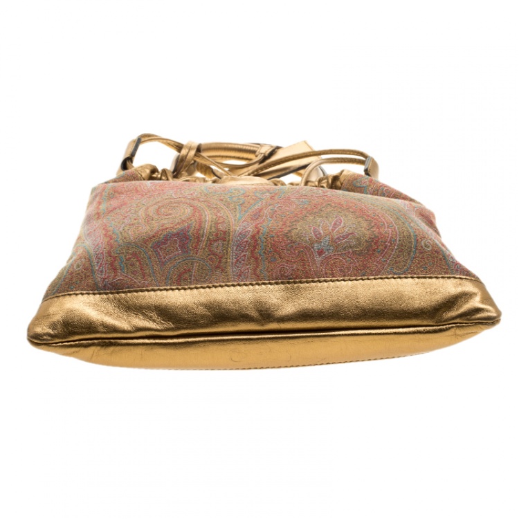 Pre Owned Etro Gold Paisley Printed Fabric and Leather Drawstring Shopper Tote
