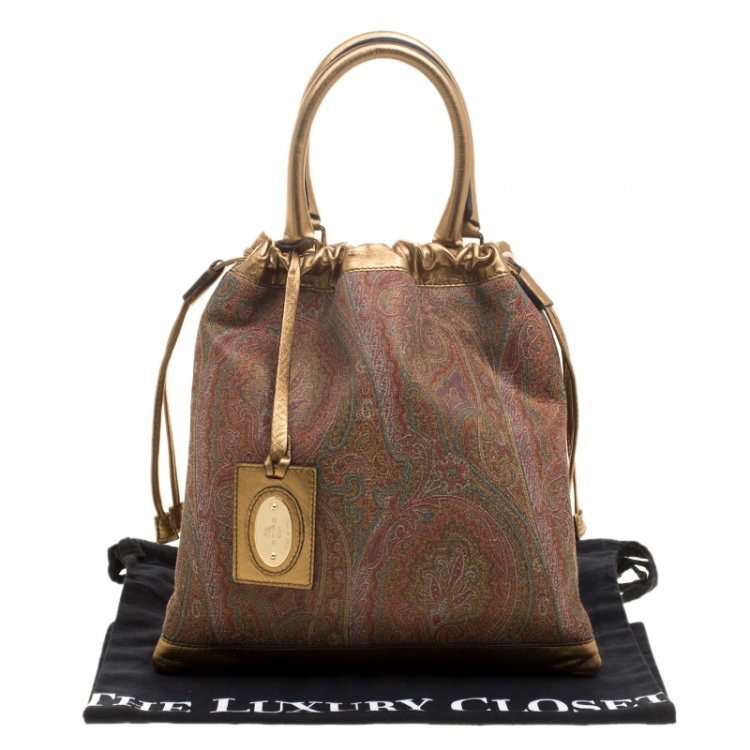 Pre Owned Etro Gold Paisley Printed Fabric and Leather Drawstring Shopper Tote