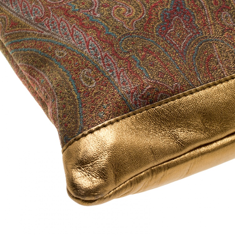 Pre Owned Etro Gold Paisley Printed Fabric and Leather Drawstring Shopper Tote