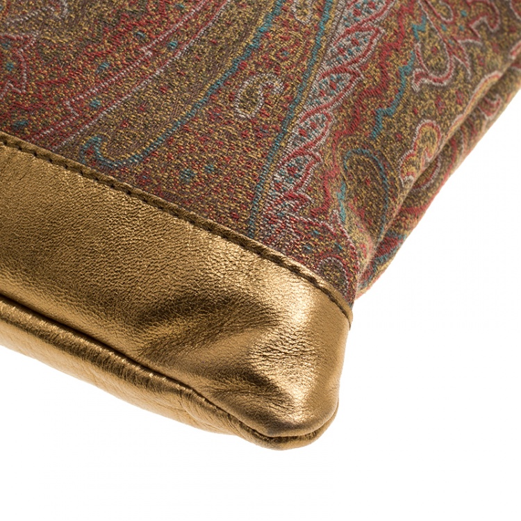 Pre Owned Etro Gold Paisley Printed Fabric and Leather Drawstring Shopper Tote