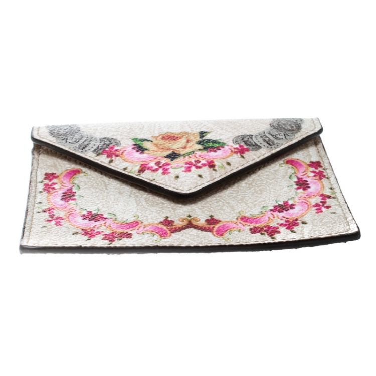 Pre Owned Etro Beige Printed Leather Card Holder Wallet
