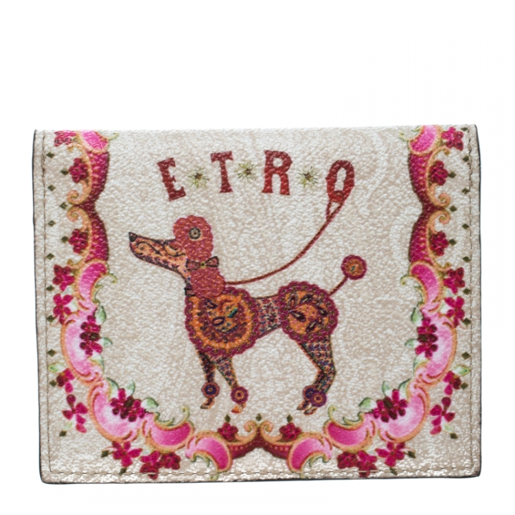 Pre Owned Etro Beige Printed Leather Card Holder Wallet
