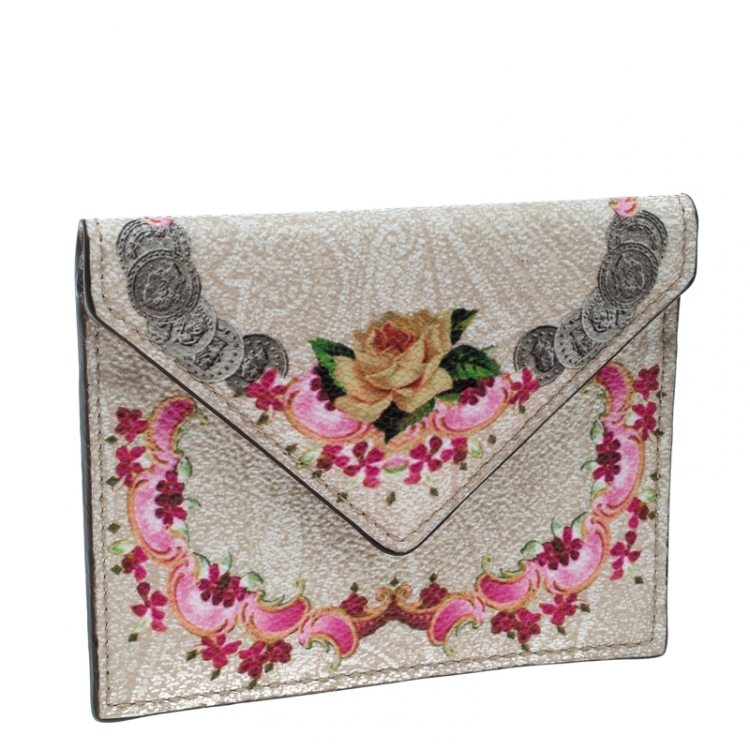 Pre Owned Etro Beige Printed Leather Card Holder Wallet