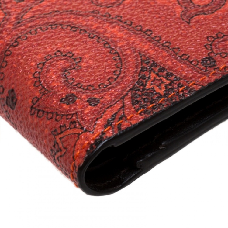 Pre Owned Etro Orange Paisley Printed Coated Canvas Bifold Wallet           