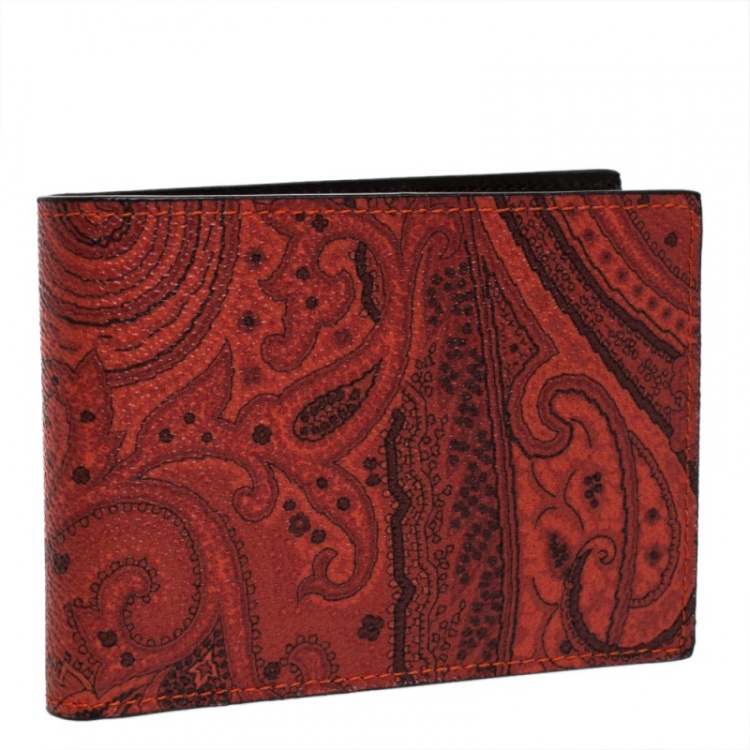 Pre Owned Etro Orange Paisley Printed Coated Canvas Bifold Wallet           