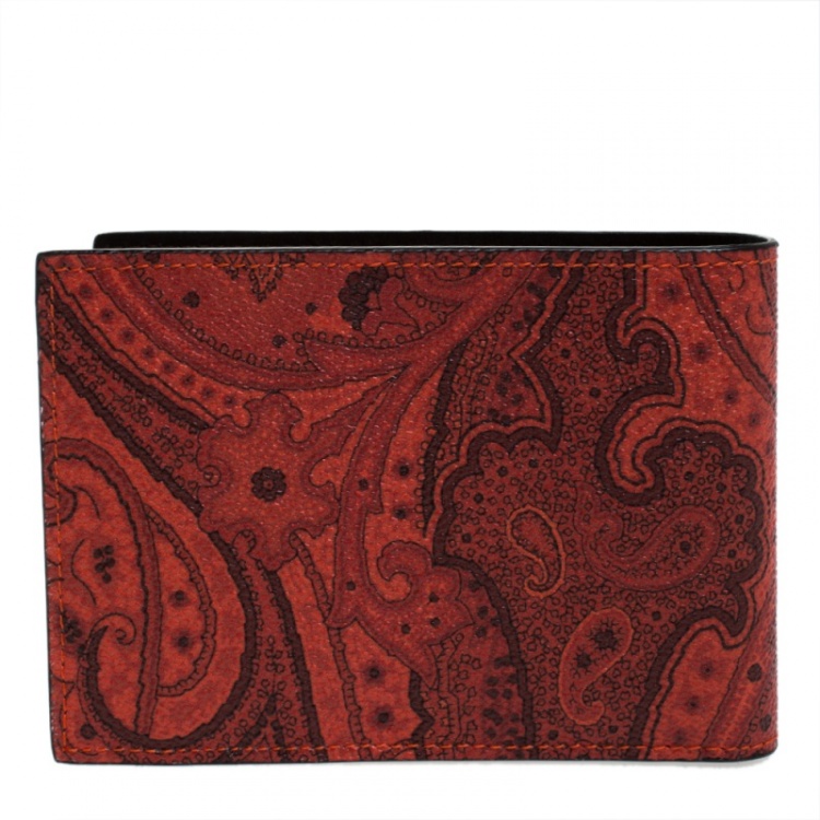 Pre Owned Etro Orange Paisley Printed Coated Canvas Bifold Wallet           