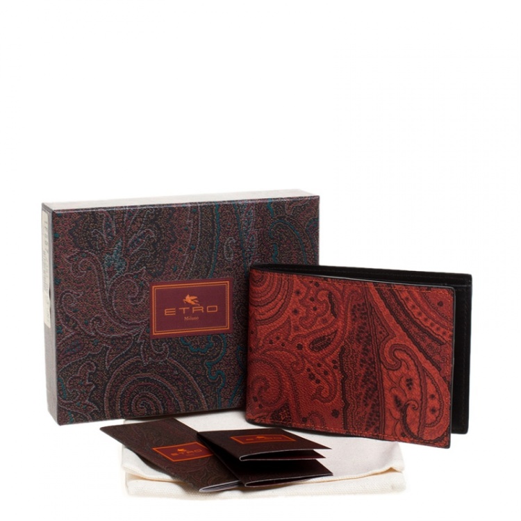 Pre Owned Etro Orange Paisley Printed Coated Canvas Bifold Wallet           