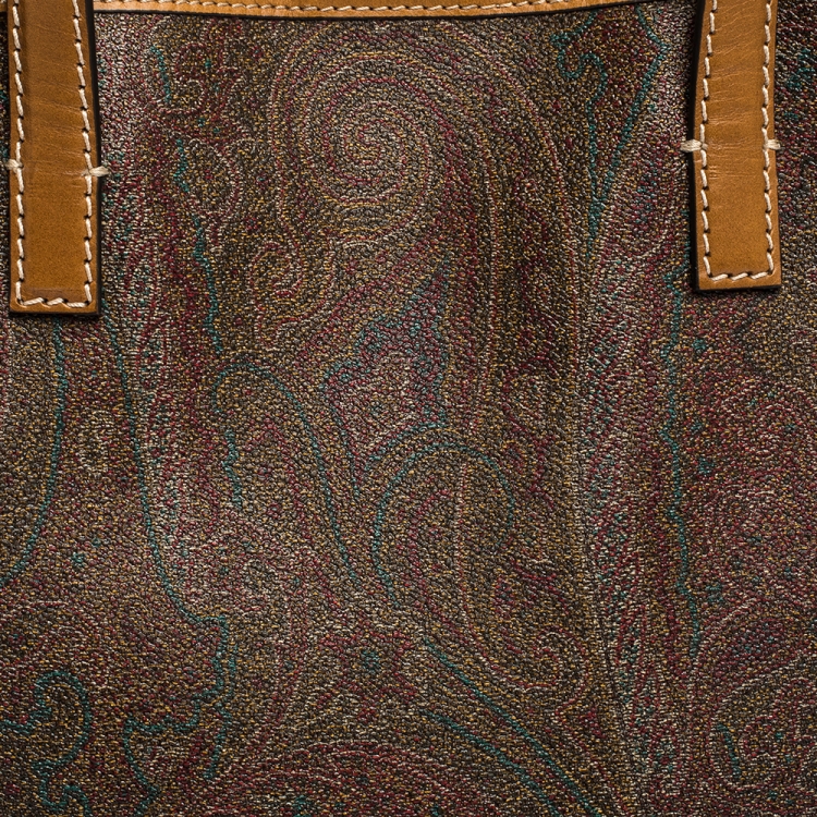 Pre Owned Etro Brown/Mustard Paisley Print Coated Canvas and Leather Tote