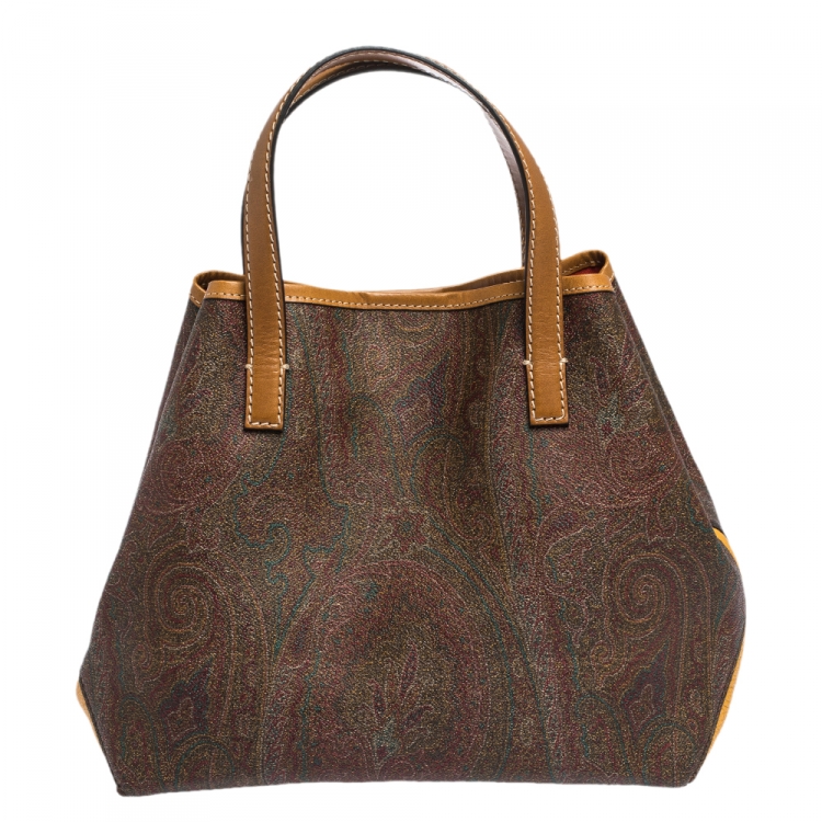 Pre Owned Etro Brown/Mustard Paisley Print Coated Canvas and Leather Tote