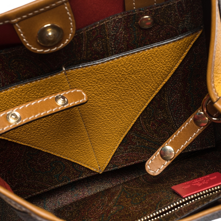 Pre Owned Etro Brown/Mustard Paisley Print Coated Canvas and Leather Tote