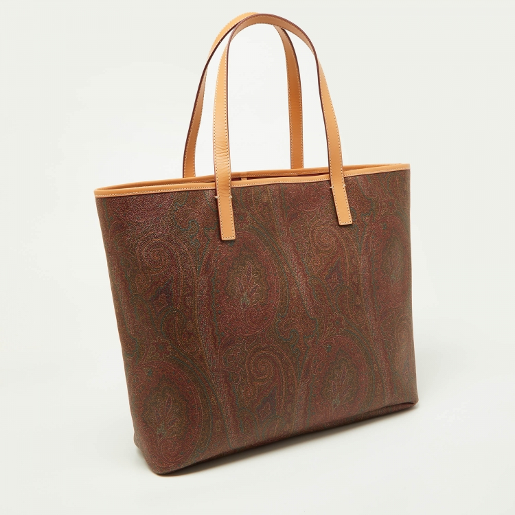 Pre Owned Etro Brown Paisley Printed Coated Canvas and Leather Shopper Tote