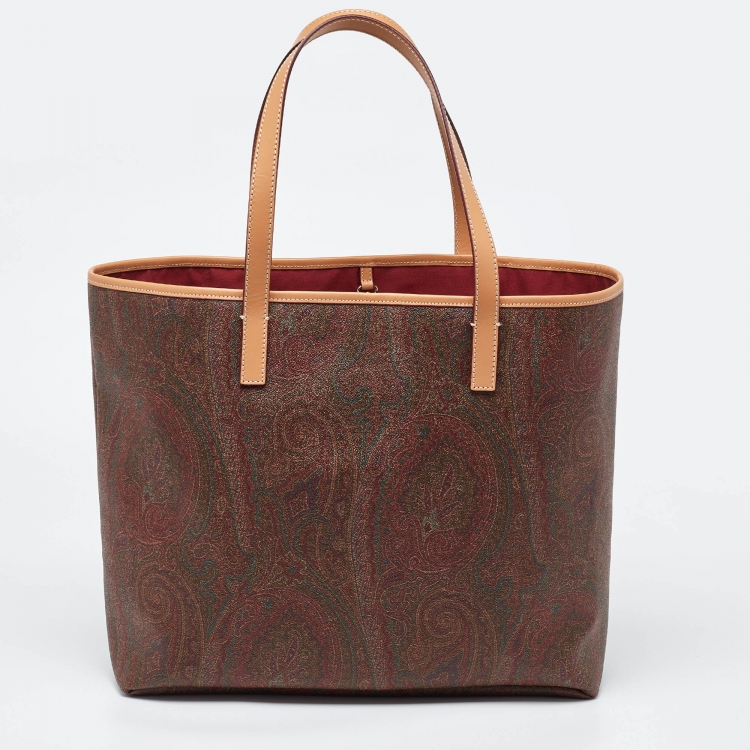 Pre Owned Etro Brown Paisley Printed Coated Canvas and Leather Shopper Tote