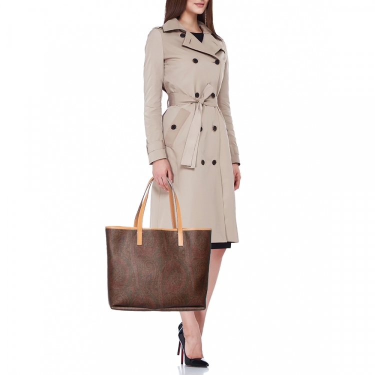 Pre Owned Etro Brown Paisley Printed Coated Canvas and Leather Shopper Tote