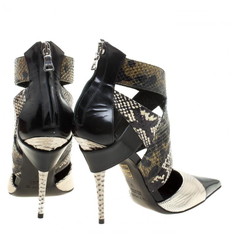 Pre Owned Etro Multicolor Snakeskin/Lizard and Patent Pointed Toe Strappy Sandals Size 39