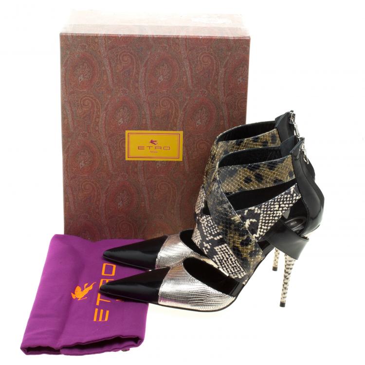 Pre Owned Etro Multicolor Snakeskin/Lizard and Patent Pointed Toe Strappy Sandals Size 39