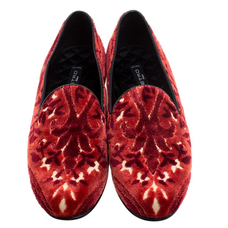 Pre Owned Etro Red Printed Velvet Loafers Size 38