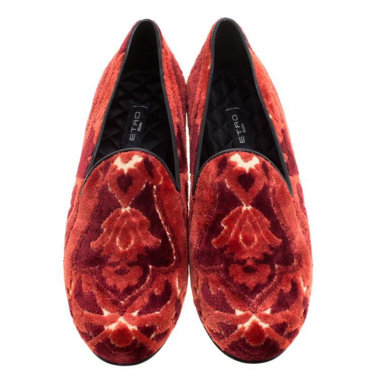 Pre Owned Etro Red Brocade Velvet Smoking Slippers Size 38
