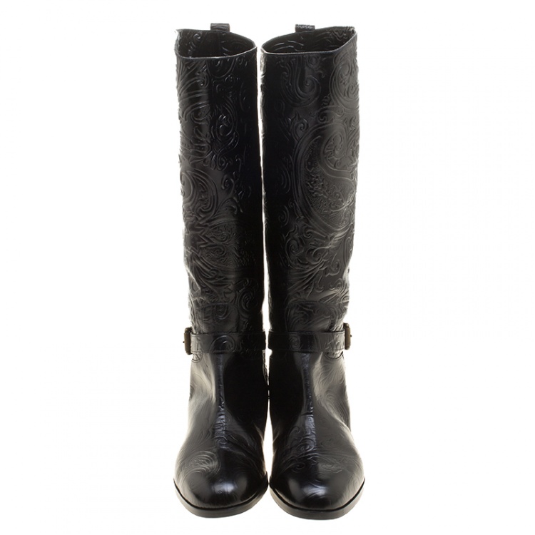 Pre Owned Etro Black Paisley Embossed Leather Knee High Boots Size 41