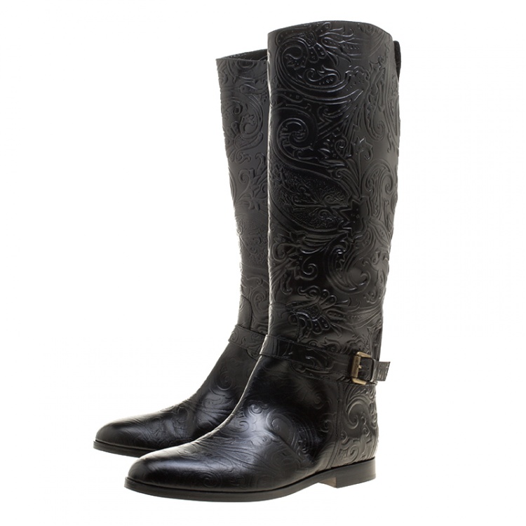 Pre Owned Etro Black Paisley Embossed Leather Knee High Boots Size 41