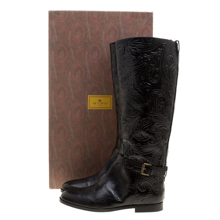 Pre Owned Etro Black Paisley Embossed Leather Knee High Boots Size 41