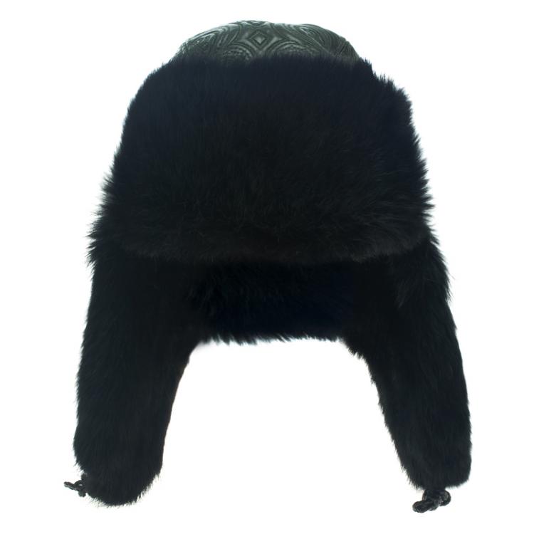 Pre Owned Etro Dark Green Leather and Rabbit Fur Aviator Hat L