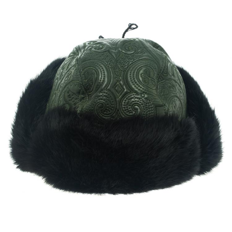 Pre Owned Etro Dark Green Leather and Rabbit Fur Aviator Hat L