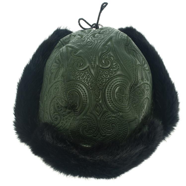 Pre Owned Etro Dark Green Leather and Rabbit Fur Aviator Hat L
