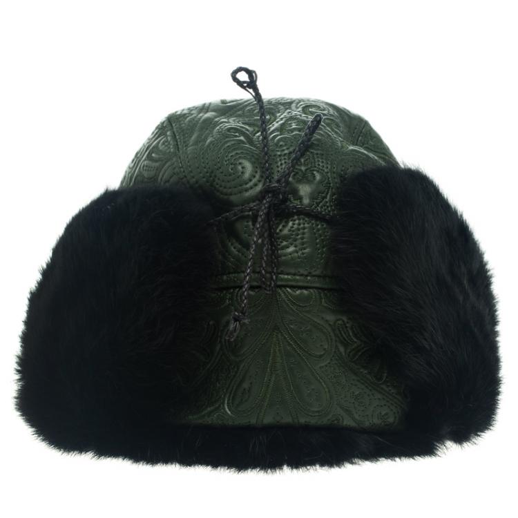 Pre Owned Etro Dark Green Leather and Rabbit Fur Aviator Hat L