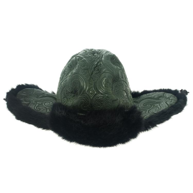 Pre Owned Etro Dark Green Leather and Rabbit Fur Aviator Hat L
