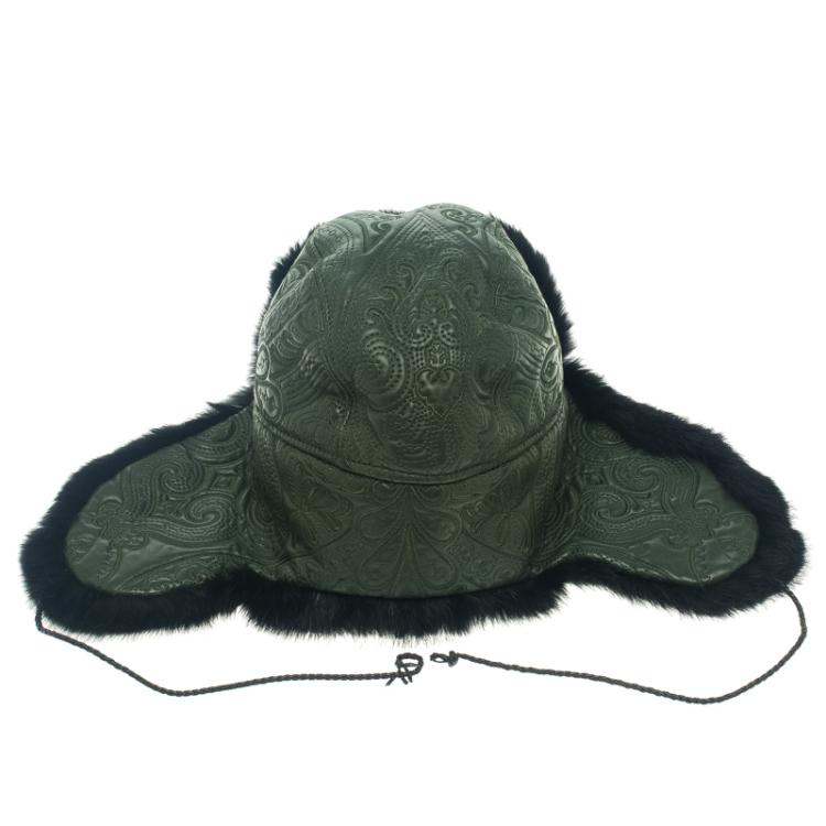 Pre Owned Etro Dark Green Leather and Rabbit Fur Aviator Hat L