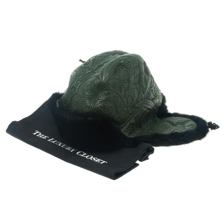 Pre Owned Etro Dark Green Leather and Rabbit Fur Aviator Hat L