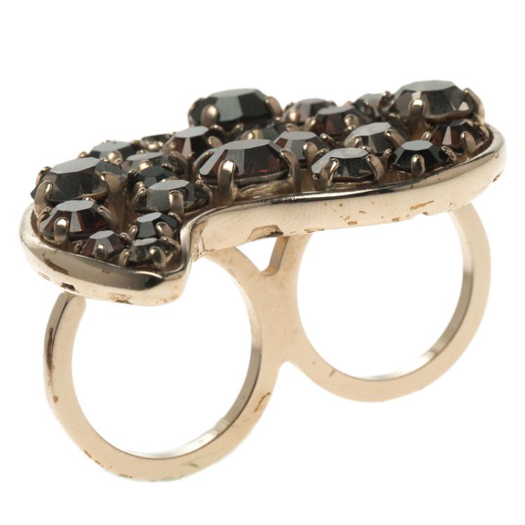 Pre Owned Etro Multicolor Crystal Gold Tone Double Finger Ring