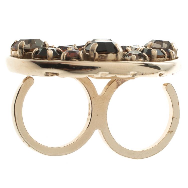 Pre Owned Etro Multicolor Crystal Gold Tone Double Finger Ring