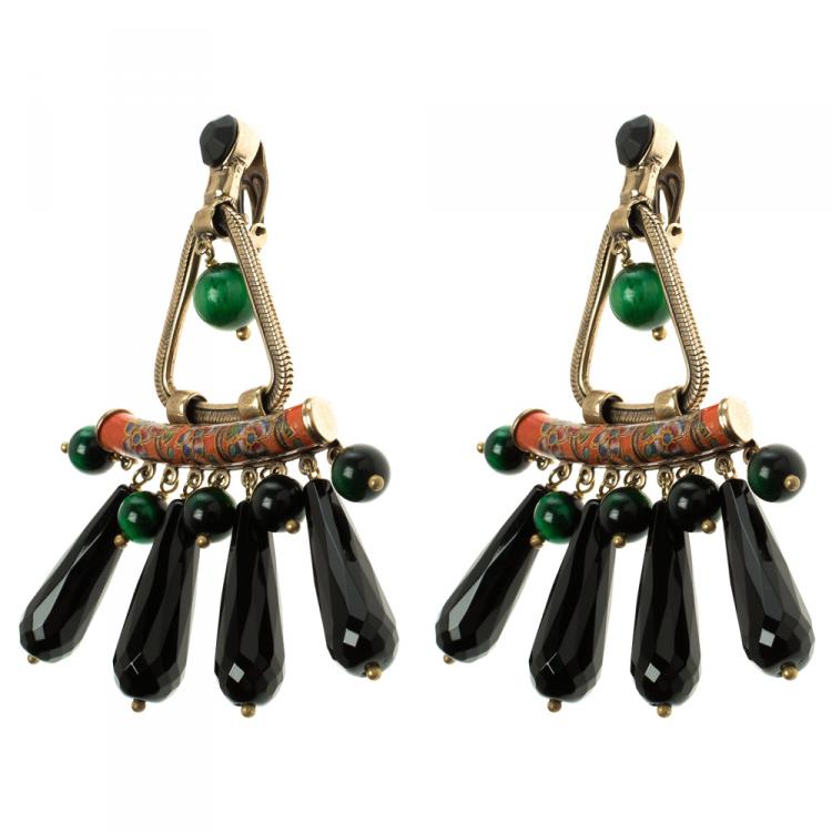 Pre Owned Etro Multi color Pendant Drop Gold Tone Long Clip-on Earrings