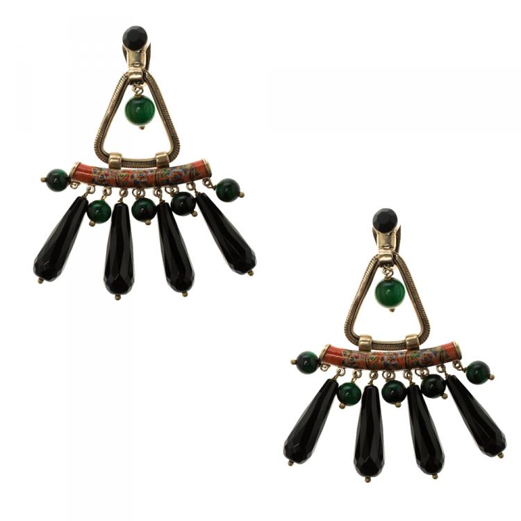 Pre Owned Etro Multi color Pendant Drop Gold Tone Long Clip-on Earrings