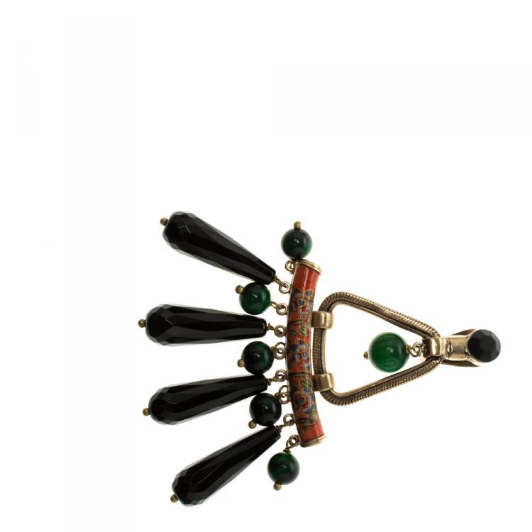 Pre Owned Etro Multi color Pendant Drop Gold Tone Long Clip-on Earrings