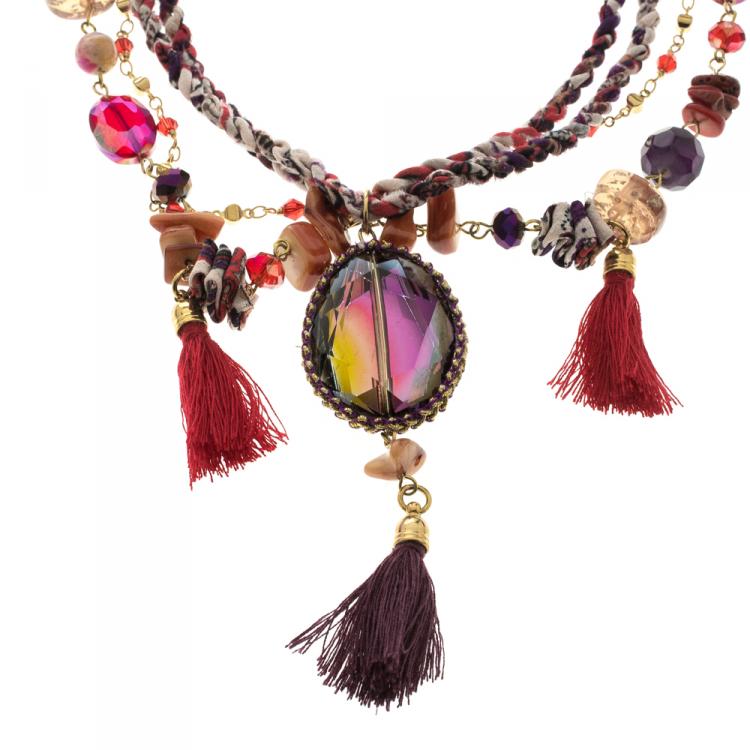 Pre Owned Etro Multicolor Beads Crystal Gold Tone Multi-layer Tassel Necklace 