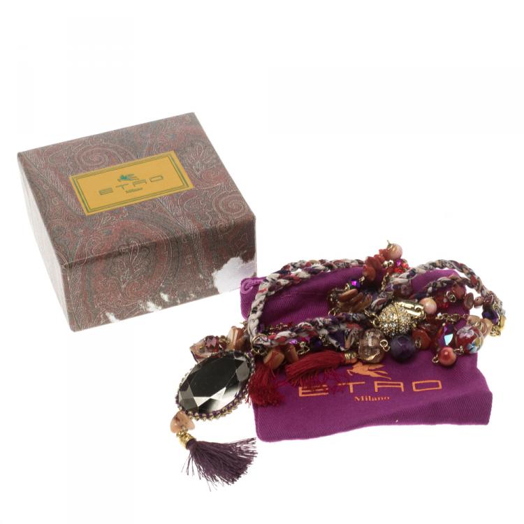 Pre Owned Etro Multicolor Beads Crystal Gold Tone Multi-layer Tassel Necklace 