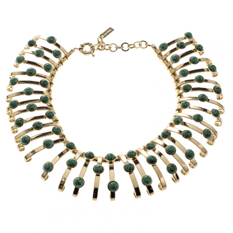 Pre Owned Etro Green Cabochon Gold Tone Binder Choker Necklace