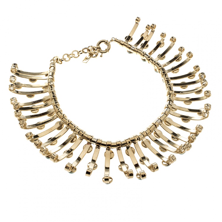 Pre Owned Etro Green Cabochon Gold Tone Binder Choker Necklace