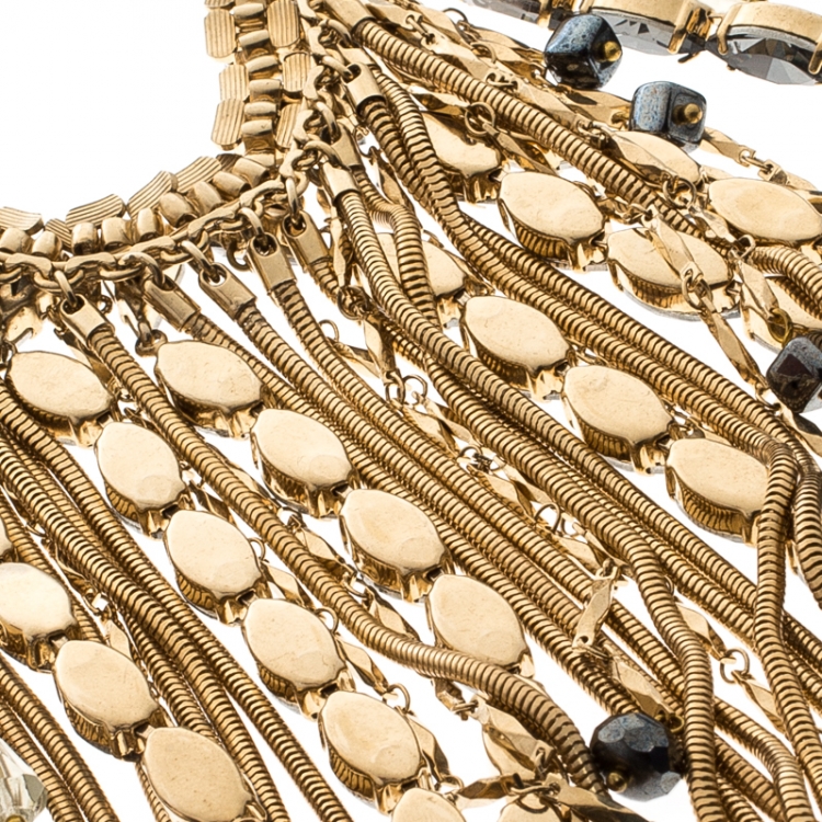 Pre Owned Etro Crystal Studded Gold Tone Tassel Drop Statement Necklace