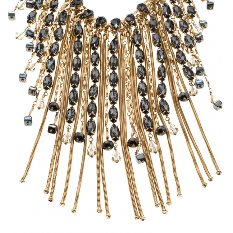 Pre Owned Etro Crystal Studded Gold Tone Tassel Drop Statement Necklace