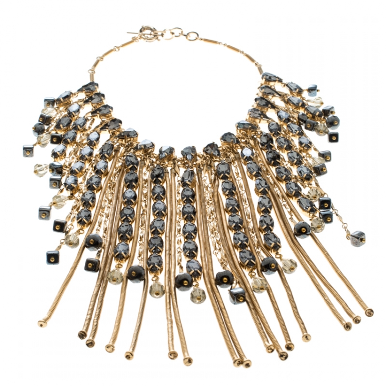 Pre Owned Etro Crystal Studded Gold Tone Tassel Drop Statement Necklace
