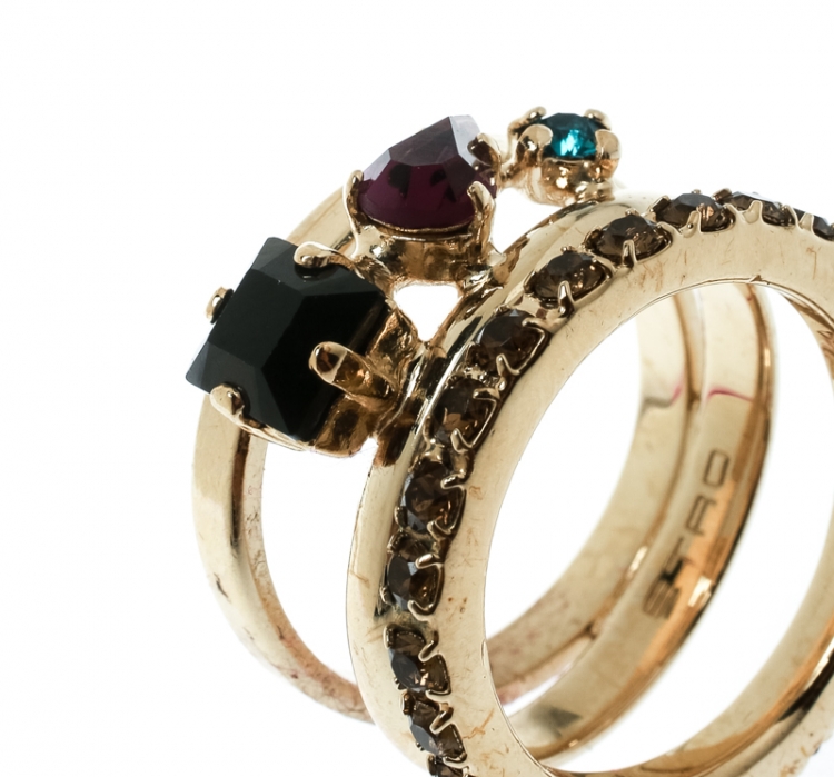Pre Owned Etro Crystal Embellished Gold Tone Multi Band Ring Size 61