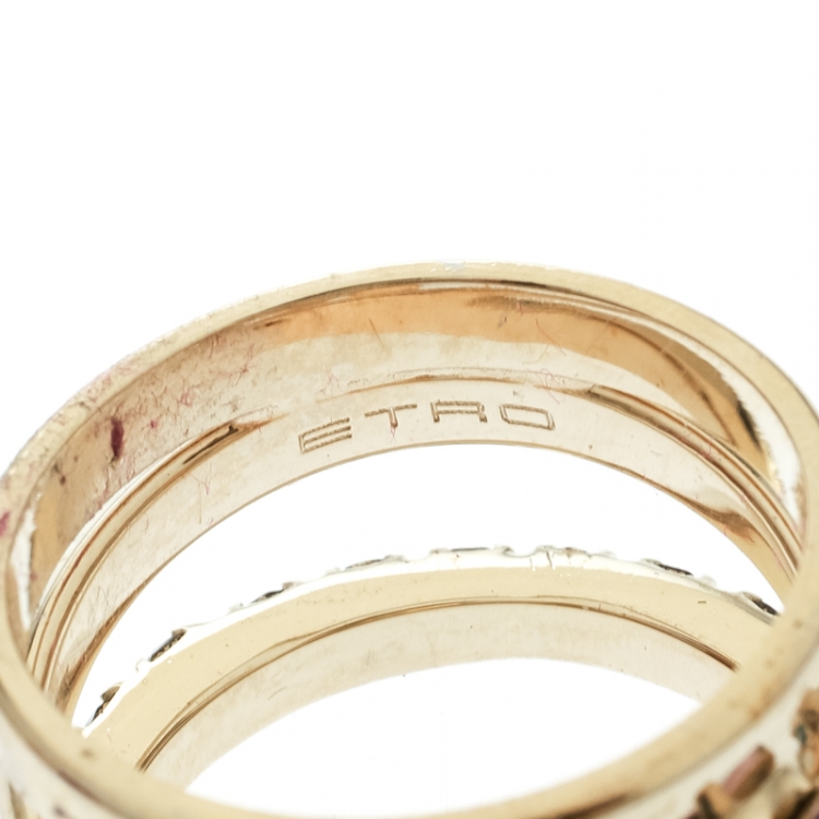 Pre Owned Etro Crystal Embellished Gold Tone Multi Band Ring Size 61