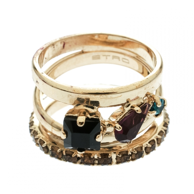 Pre Owned Etro Crystal Embellished Gold Tone Multi Band Ring Size 61