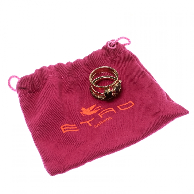 Pre Owned Etro Crystal Embellished Gold Tone Multi Band Ring Size 61